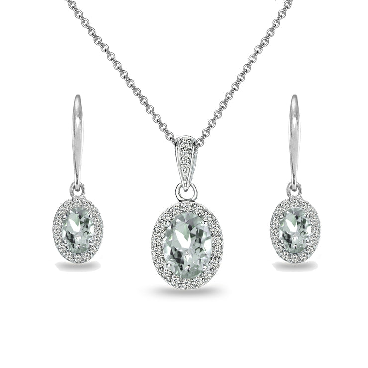 Sterling Silver Light Aquamarine & White Topaz Oval Halo Necklace & Leverback Earrings Set