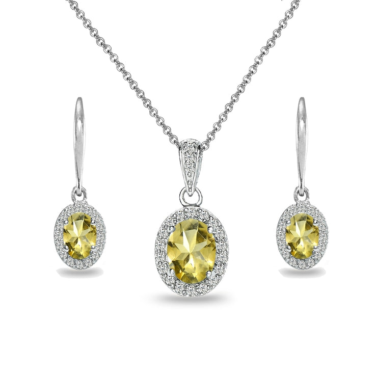 Sterling Silver Citrine & White Topaz Oval Halo Necklace & Leverback Earrings Set