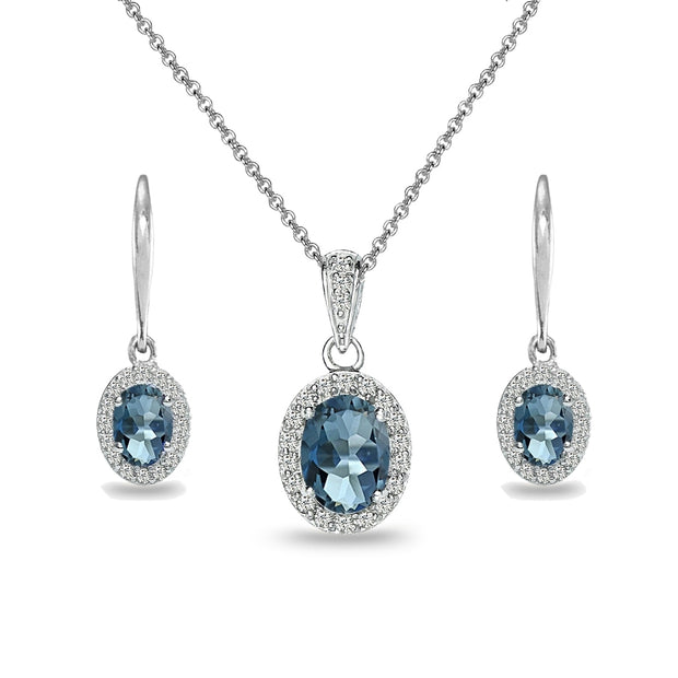 Sterling Silver London Blue Topaz & White Topaz Oval Halo Necklace & Leverback Earrings Set