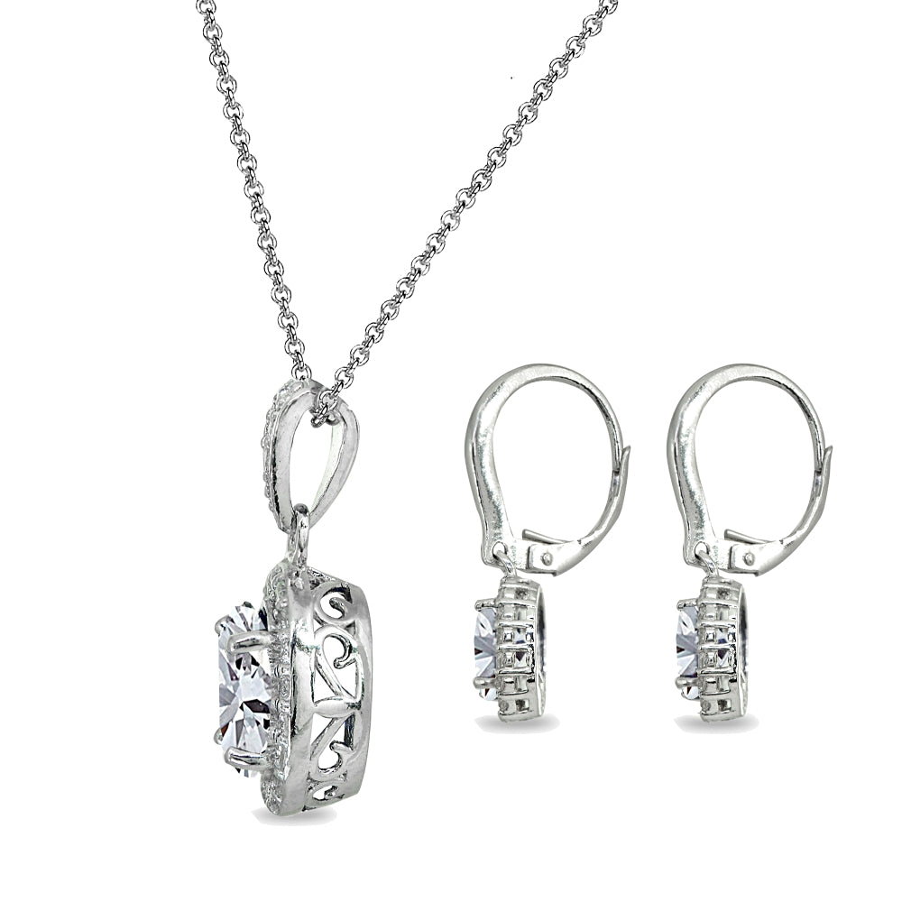 Sterling Silver London Blue Topaz & White Topaz Oval Halo Necklace & Leverback Earrings Set-3