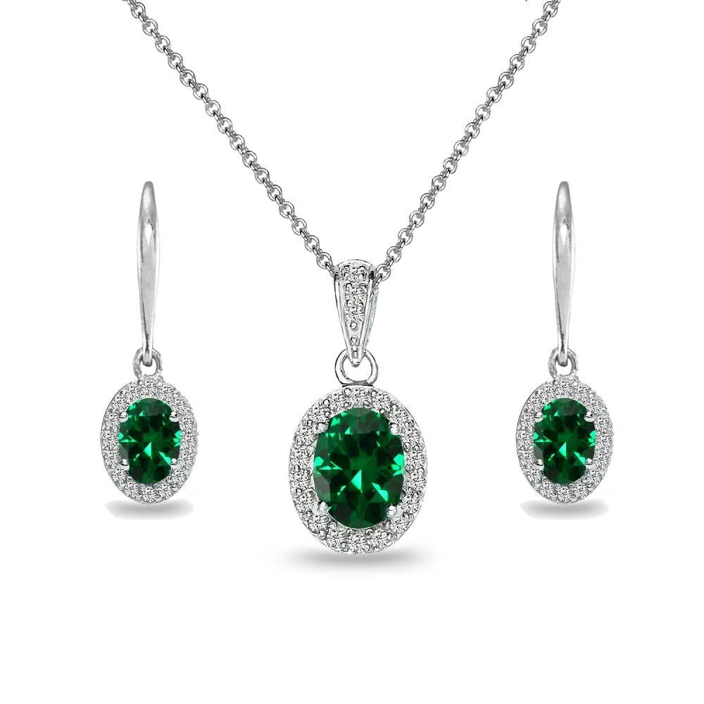 Sterling Silver Created Emerald & White Topaz Oval Halo Necklace & Leverback Earrings Set