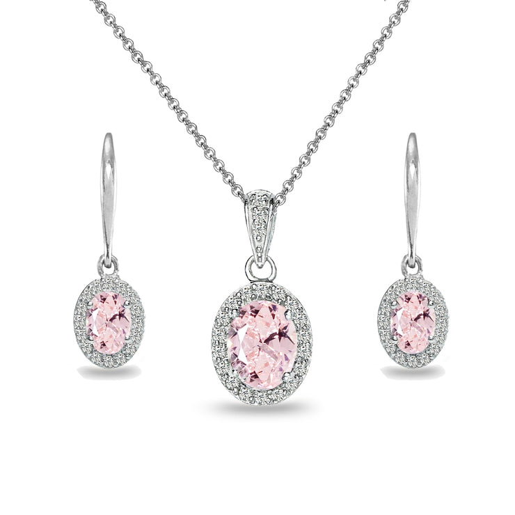 Sterling Silver Created Morganite & White Topaz Oval Halo Necklace & Leverback Earrings Set