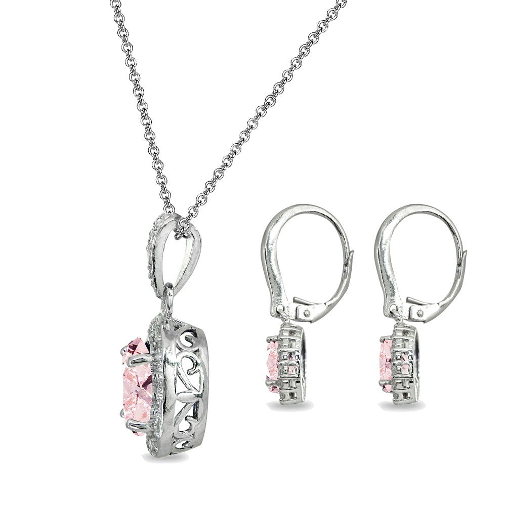 Sterling Silver Created Morganite & White Topaz Oval Halo Necklace & Leverback Earrings Set-2