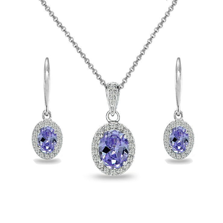 Sterling Silver Created Tanzanite & White Topaz Oval Halo Necklace & Leverback Earrings Set