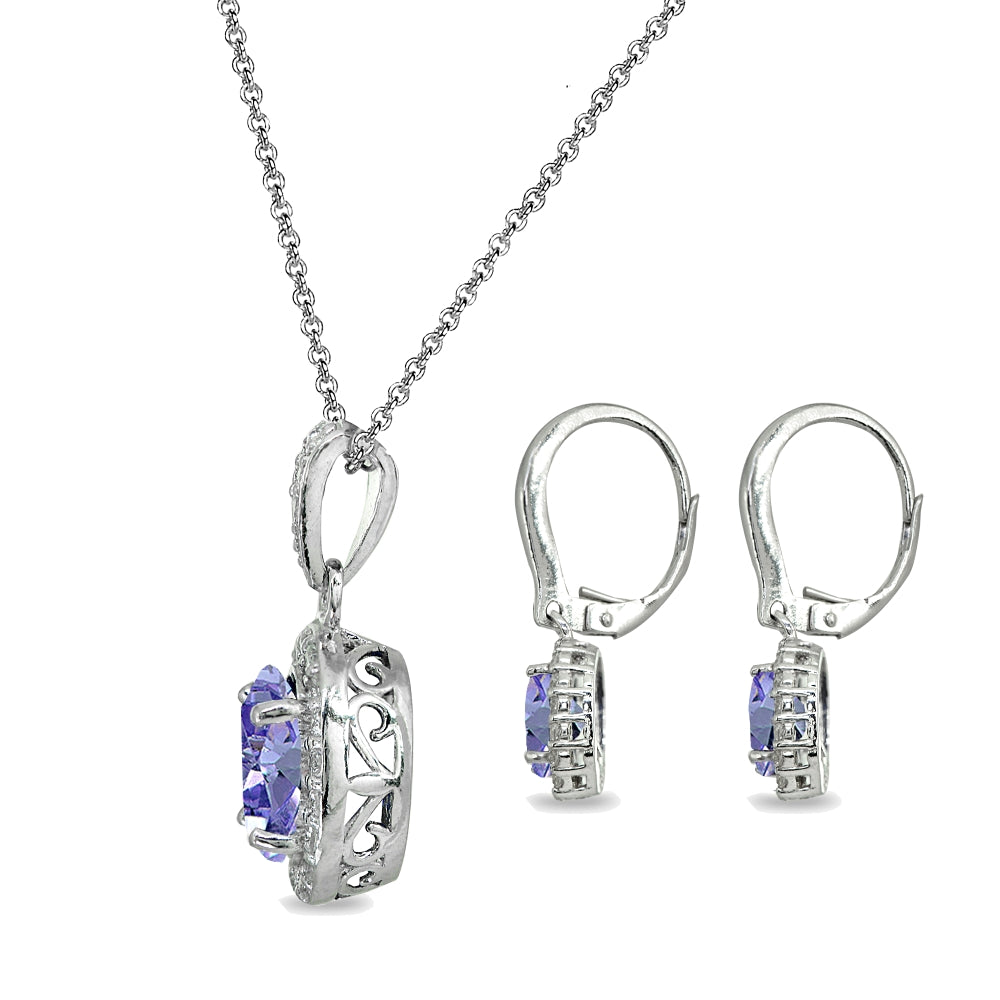 Sterling Silver Created Tanzanite & White Topaz Oval Halo Necklace & Leverback Earrings Set-2