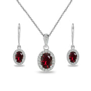 Sterling Silver Created Ruby & White Topaz Oval Halo Necklace & Leverback Earrings Set