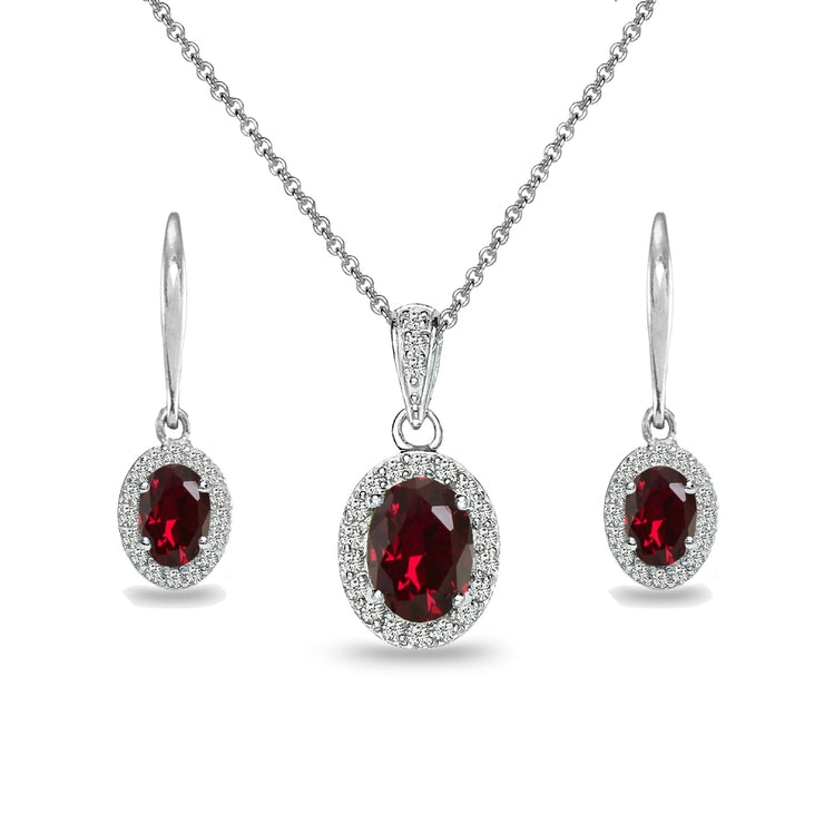 Sterling Silver Created Ruby & White Topaz Oval Halo Necklace & Leverb ...
