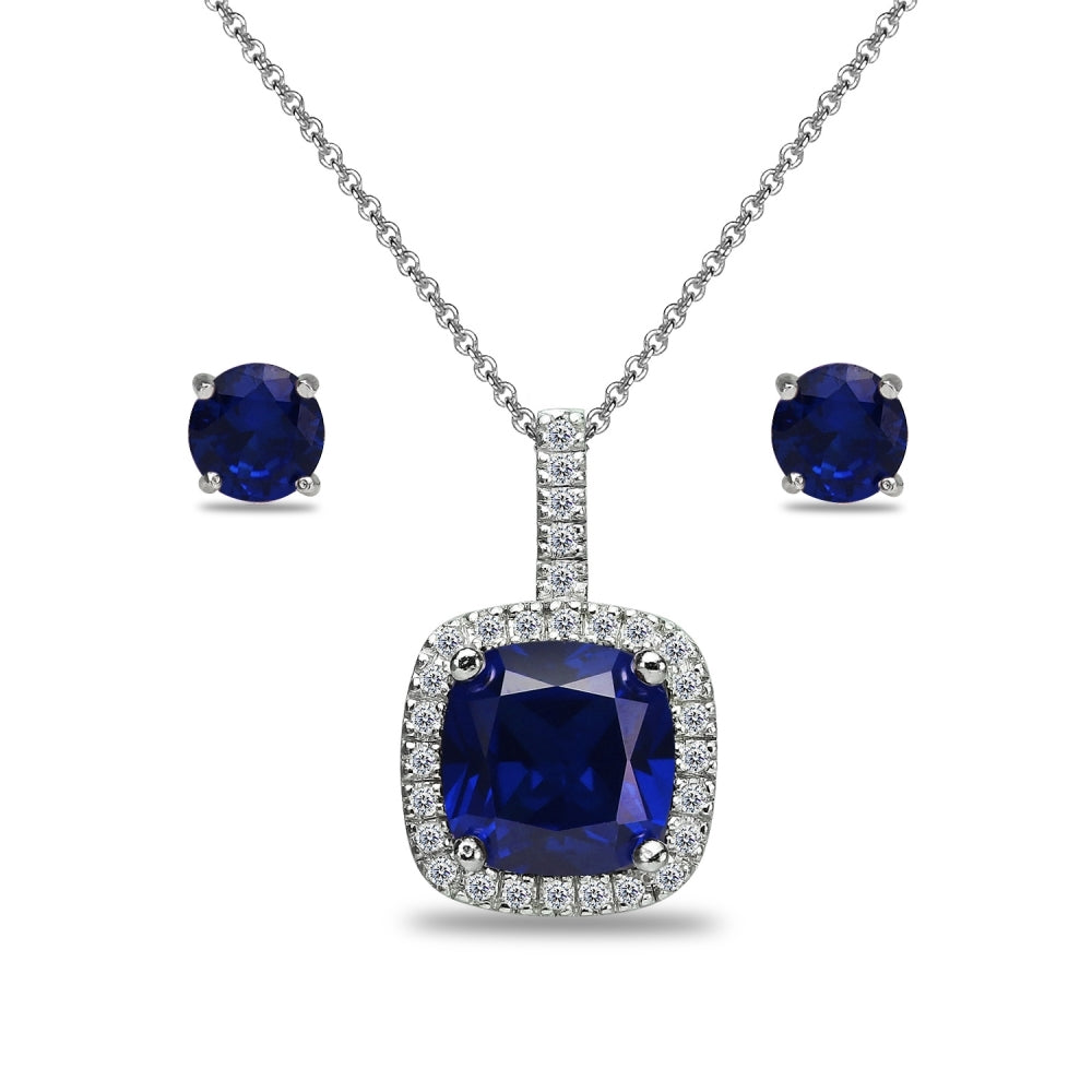 Sterling Silver Created Blue Sapphire and White Topaz Cushion-Cut Pendant Necklace & Stud Earrings Set