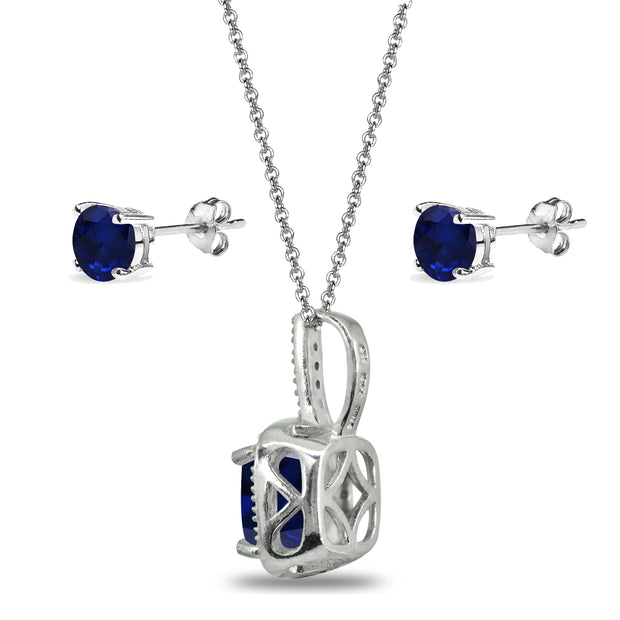 Sterling Silver Created Blue Sapphire and White Topaz Cushion-Cut Pendant Necklace & Stud Earrings Set
