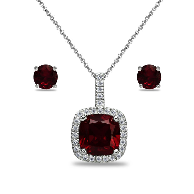 Sterling Silver Garnet and White Topaz Cushion-Cut Pendant Necklace & Stud Earrings Set
