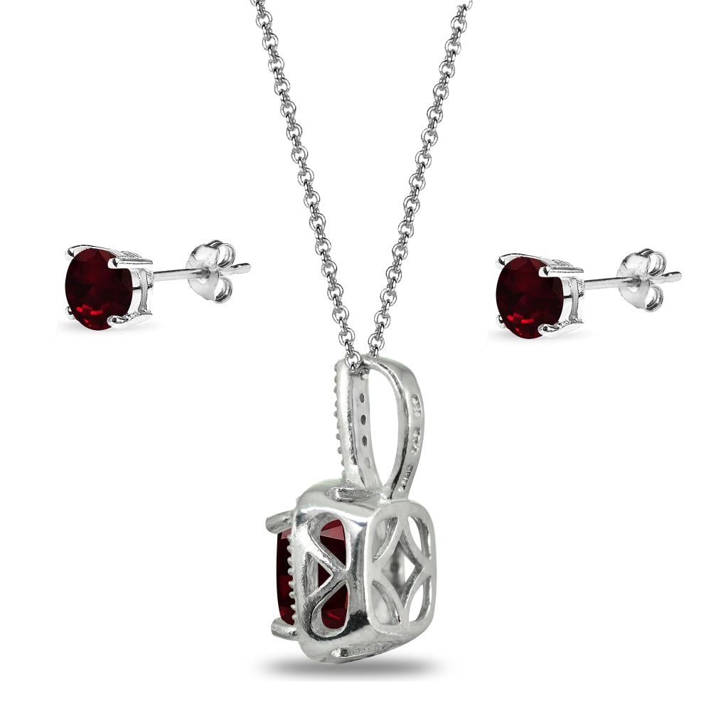 Sterling Silver Garnet and White Topaz Cushion-Cut Pendant Necklace & Stud Earrings Set-2