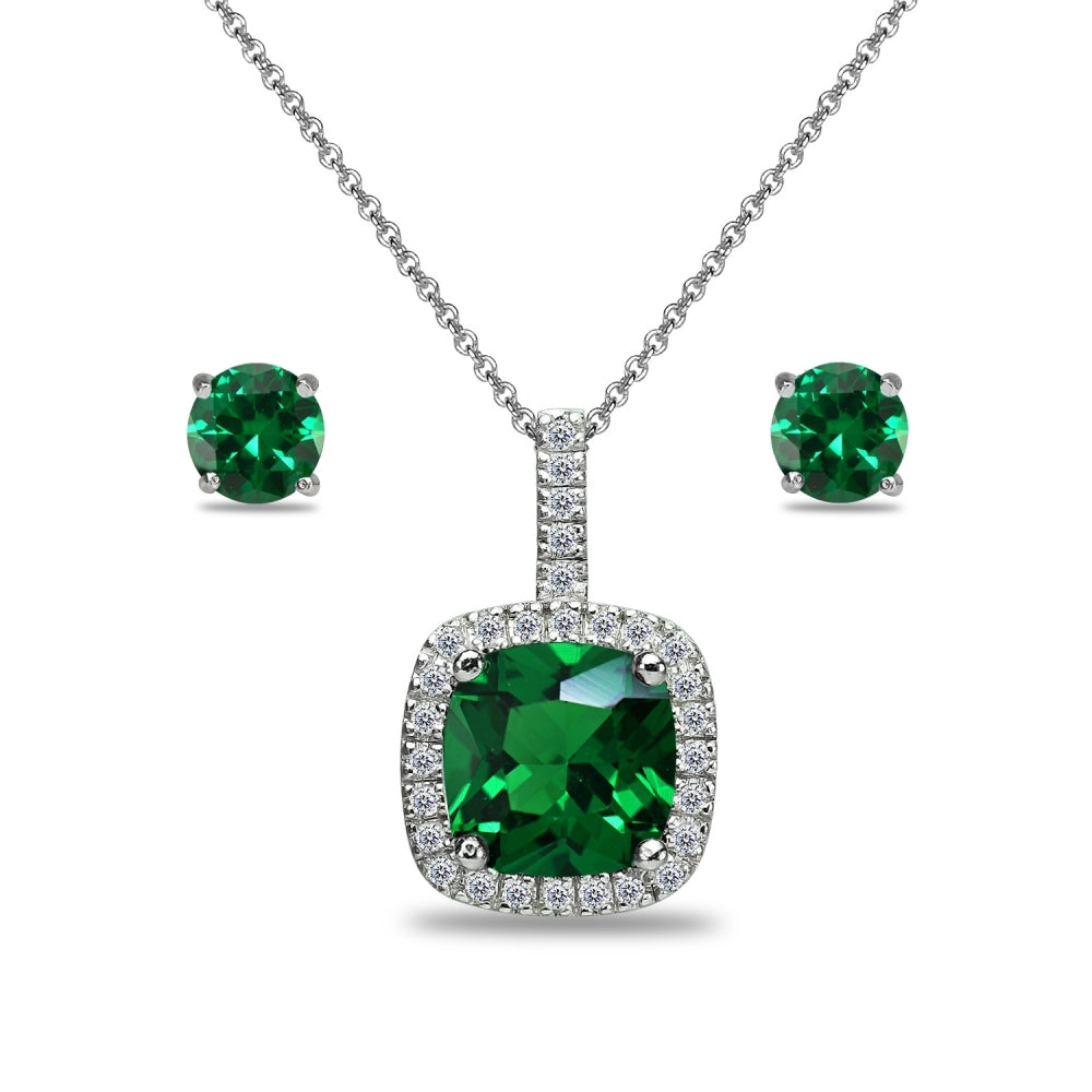 Sterling Silver Created Emerald and White Topaz Cushion-Cut Pendant Necklace & Stud Earrings Set