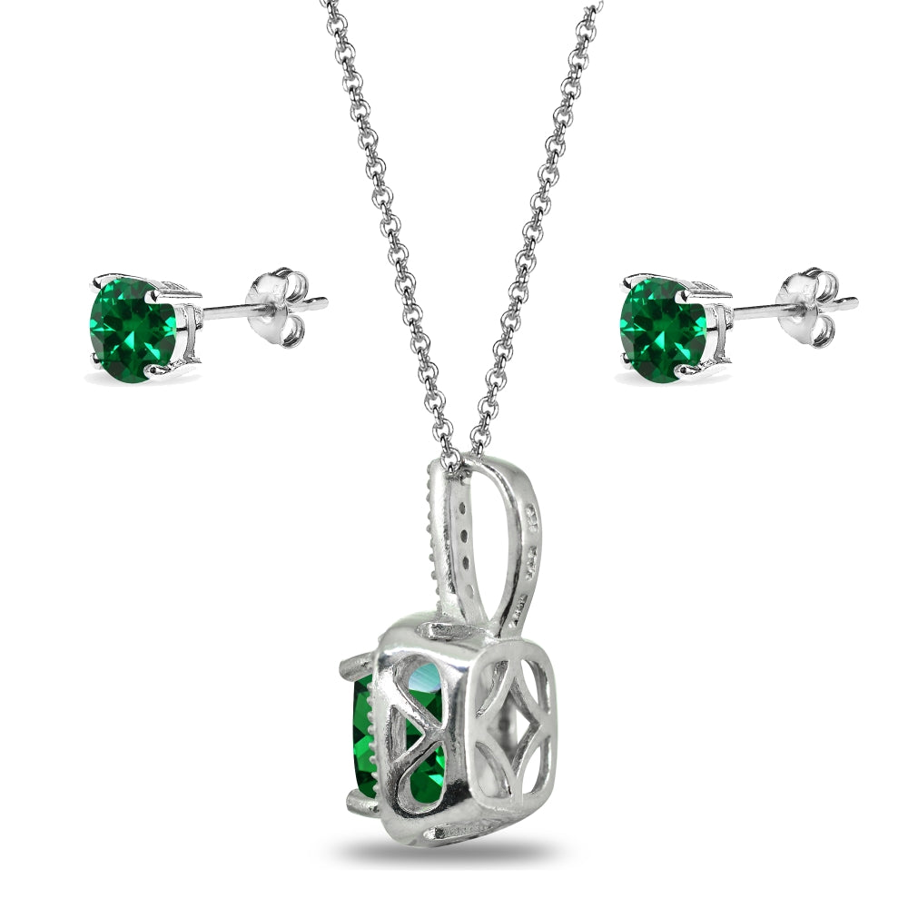 Sterling Silver Created Emerald and White Topaz Cushion-Cut Pendant Necklace & Stud Earrings Set-2
