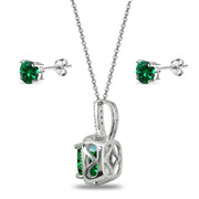 Sterling Silver Created Emerald and White Topaz Cushion-Cut Pendant Necklace & Stud Earrings Set