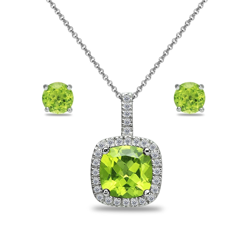 Sterling Silver Peridot and White Topaz Cushion-Cut Pendant Necklace & Stud Earrings Set
