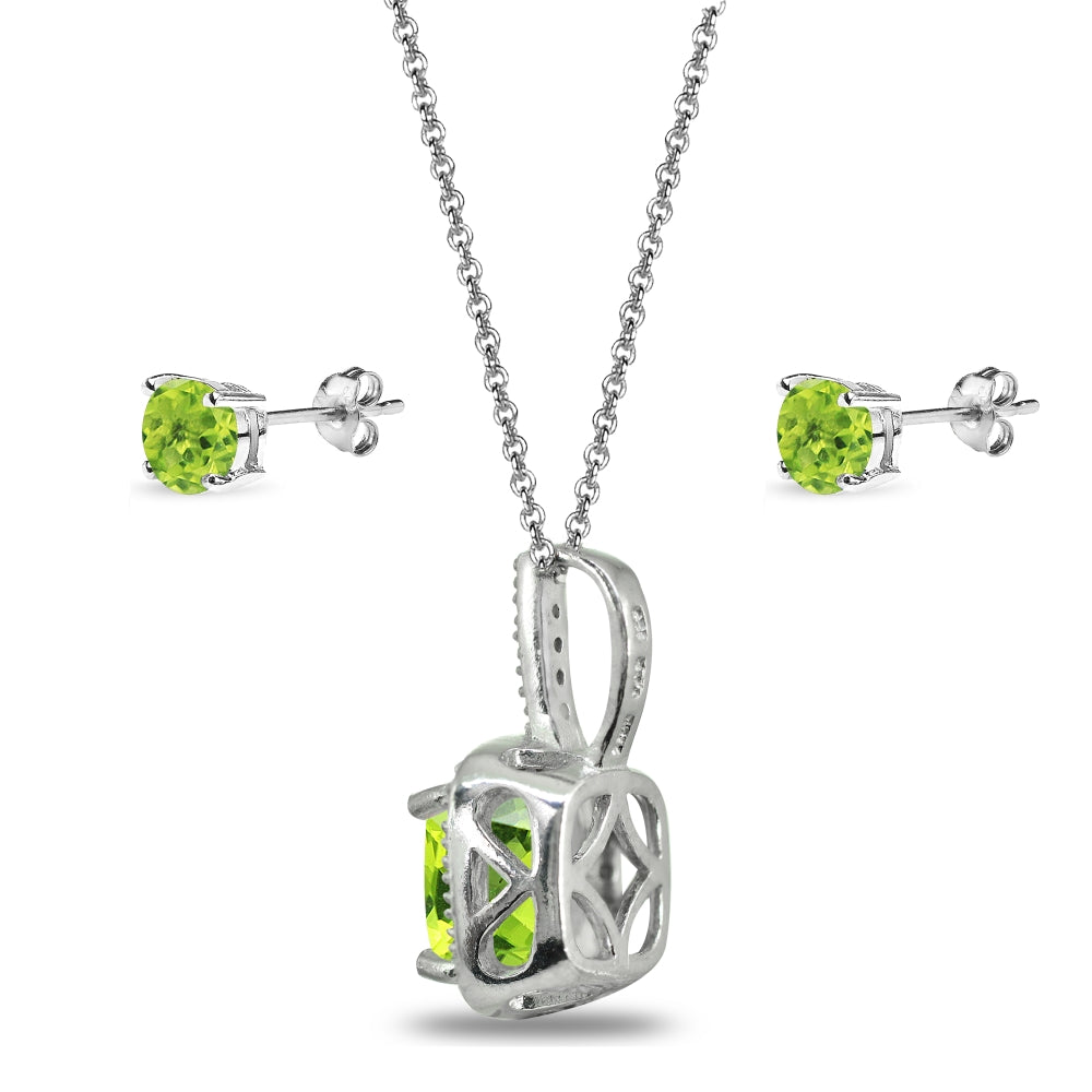 Sterling Silver Peridot and White Topaz Cushion-Cut Pendant Necklace & Stud Earrings Set-2