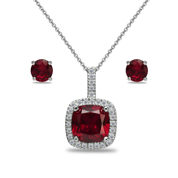 Sterling Silver Created Ruby and White Topaz Cushion-Cut Pendant Necklace & Stud Earrings Set