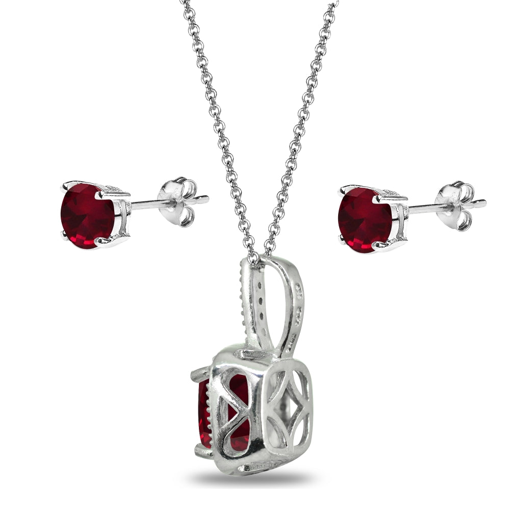 Sterling Silver Created Ruby and White Topaz Cushion-Cut Pendant Necklace & Stud Earrings Set-2