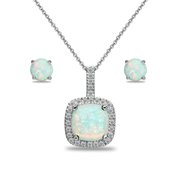 Sterling Silver Created White Opal and White Topaz Cushion-Cut Pendant Necklace & Stud Earrings Set