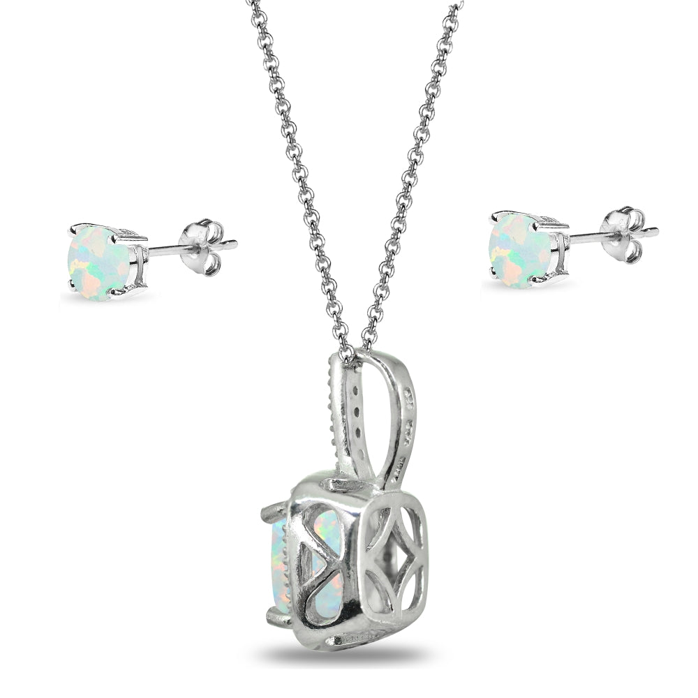 Sterling Silver Created White Opal and White Topaz Cushion-Cut Pendant Necklace & Stud Earrings Set-2
