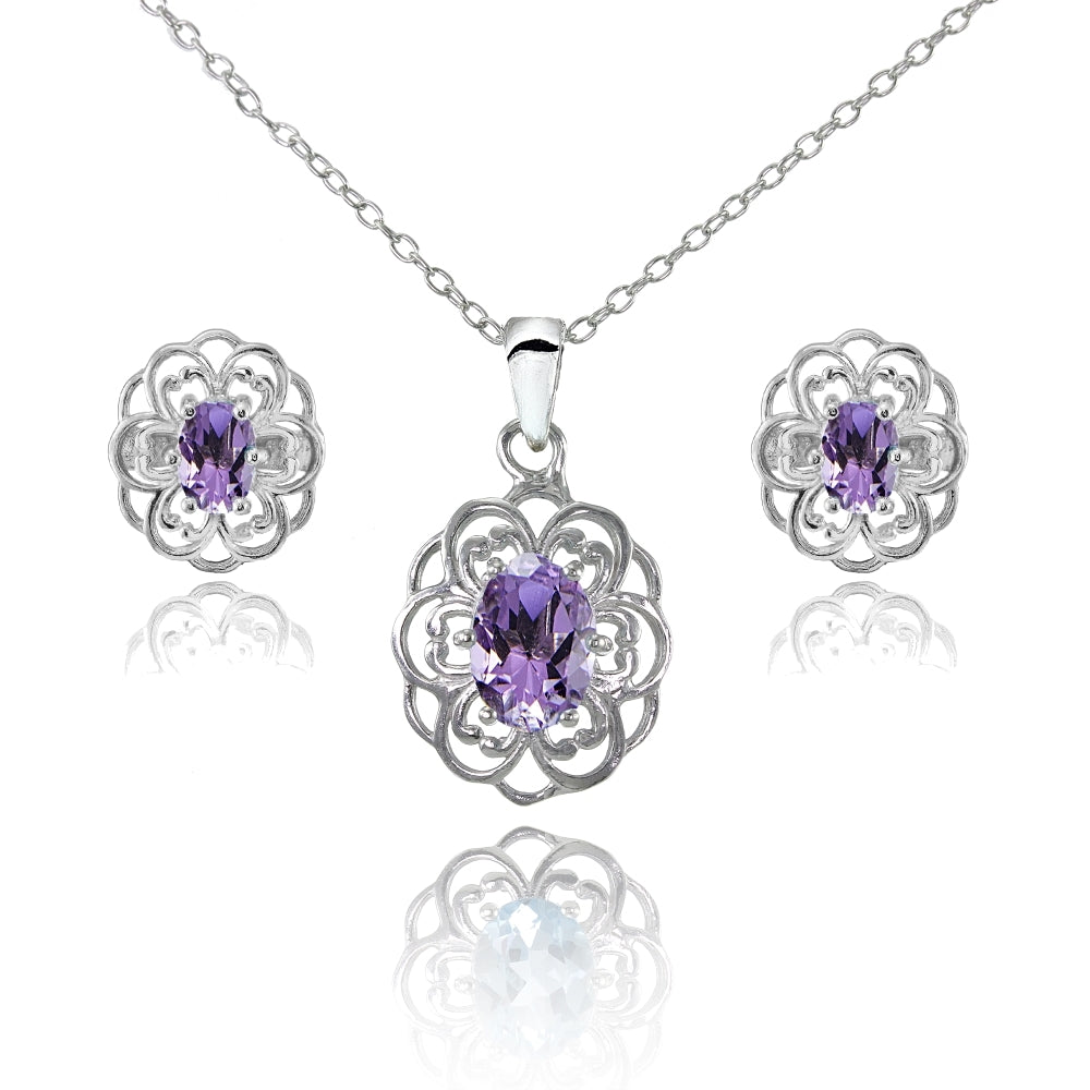 Sterling Silver Amethyst Oval Filigree Flower Pendant Necklace and Stud Earrings Set
