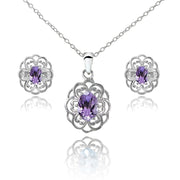 Sterling Silver Amethyst Oval Filigree Flower Pendant Necklace and Stud Earrings Set