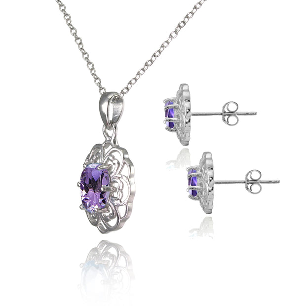 Sterling Silver Amethyst Oval Filigree Flower Pendant Necklace and Stud Earrings Set