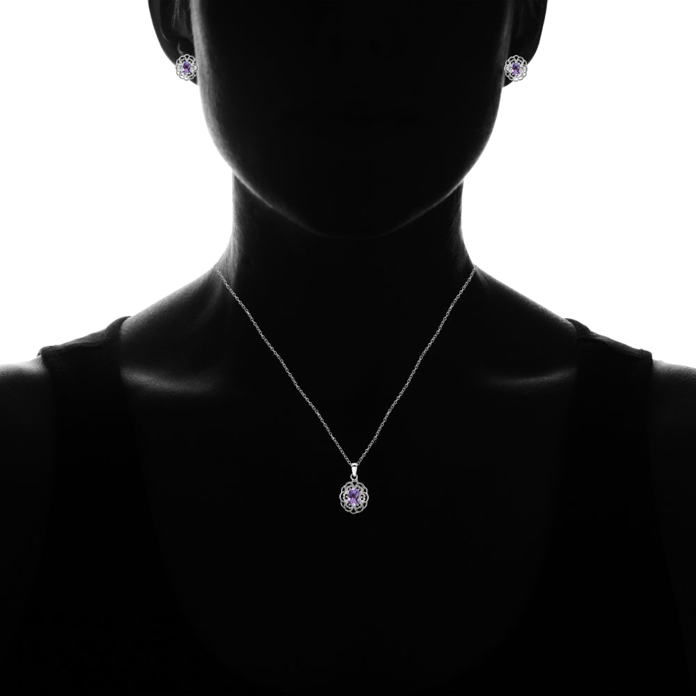 Sterling Silver Amethyst Oval Filigree Flower Pendant Necklace and Stud Earrings Set-3