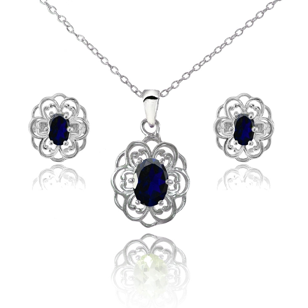 Sterling Silver Created Blue Sapphire Oval Filigree Flower Pendant Necklace and Stud Earrings Set