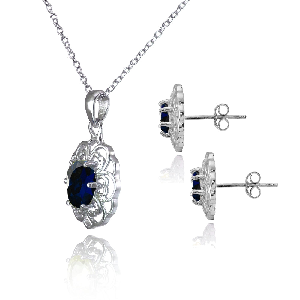 Sterling Silver Created Blue Sapphire Oval Filigree Flower Pendant Necklace and Stud Earrings Set-2