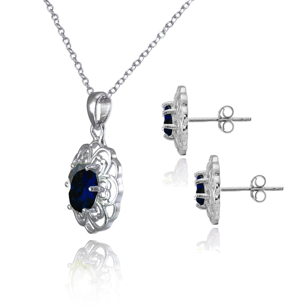 Sterling Silver Created Blue Sapphire Oval Filigree Flower Pendant Necklace and Stud Earrings Set