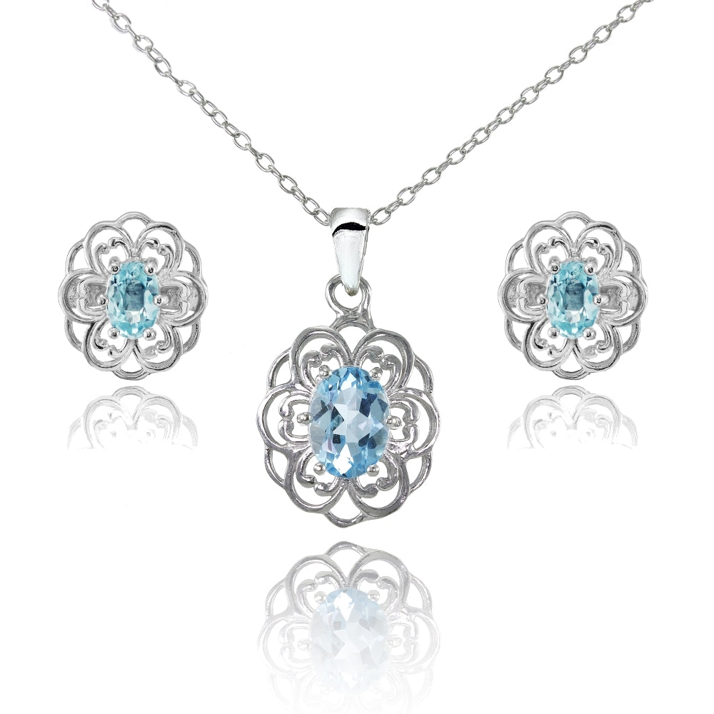 Sterling Silver Blue Topaz Oval Filigree Flower Pendant Necklace and Stud Earrings Set