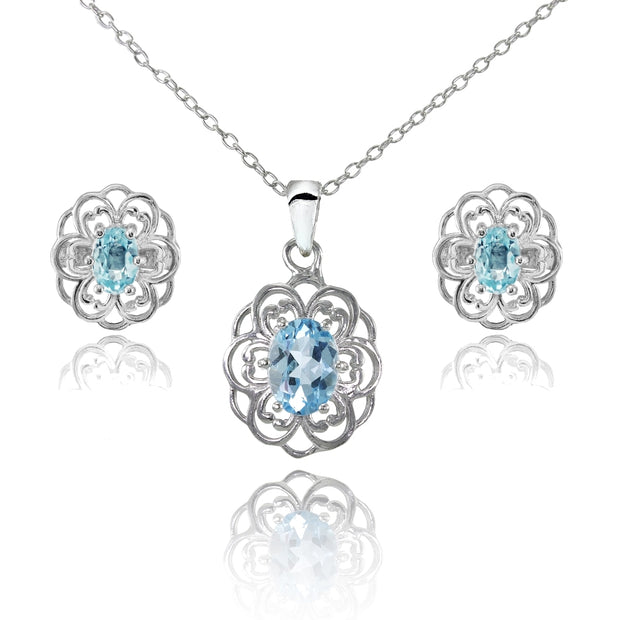 Sterling Silver Blue Topaz Oval Filigree Flower Pendant Necklace and Stud Earrings Set