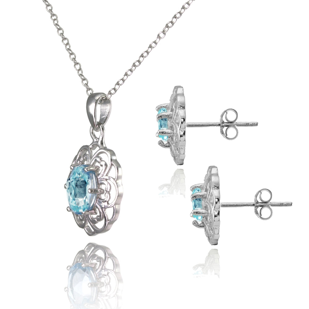 Sterling Silver Blue Topaz Oval Filigree Flower Pendant Necklace and Stud Earrings Set-2
