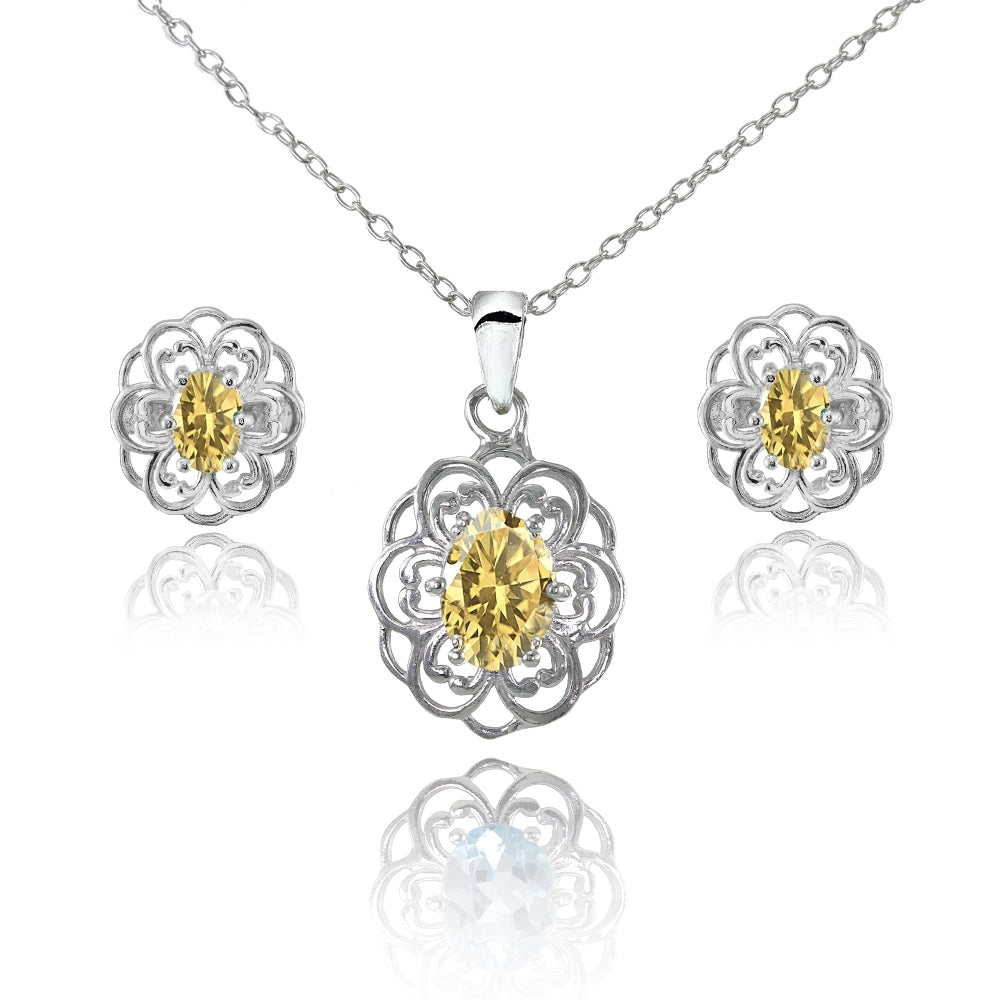 Sterling Silver Citrine Oval Filigree Flower Pendant Necklace and Stud Earrings Set