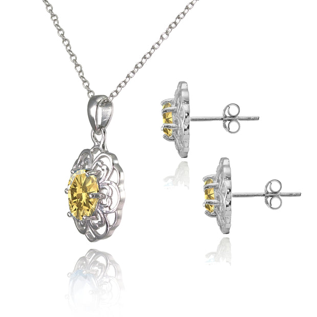 Sterling Silver Citrine Oval Filigree Flower Pendant Necklace and Stud Earrings Set