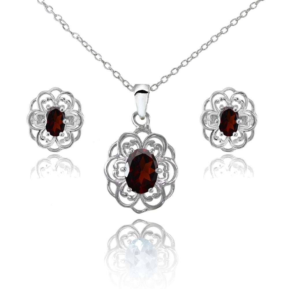 Sterling Silver Garnet Oval Filigree Flower Pendant Necklace and Stud Earrings Set