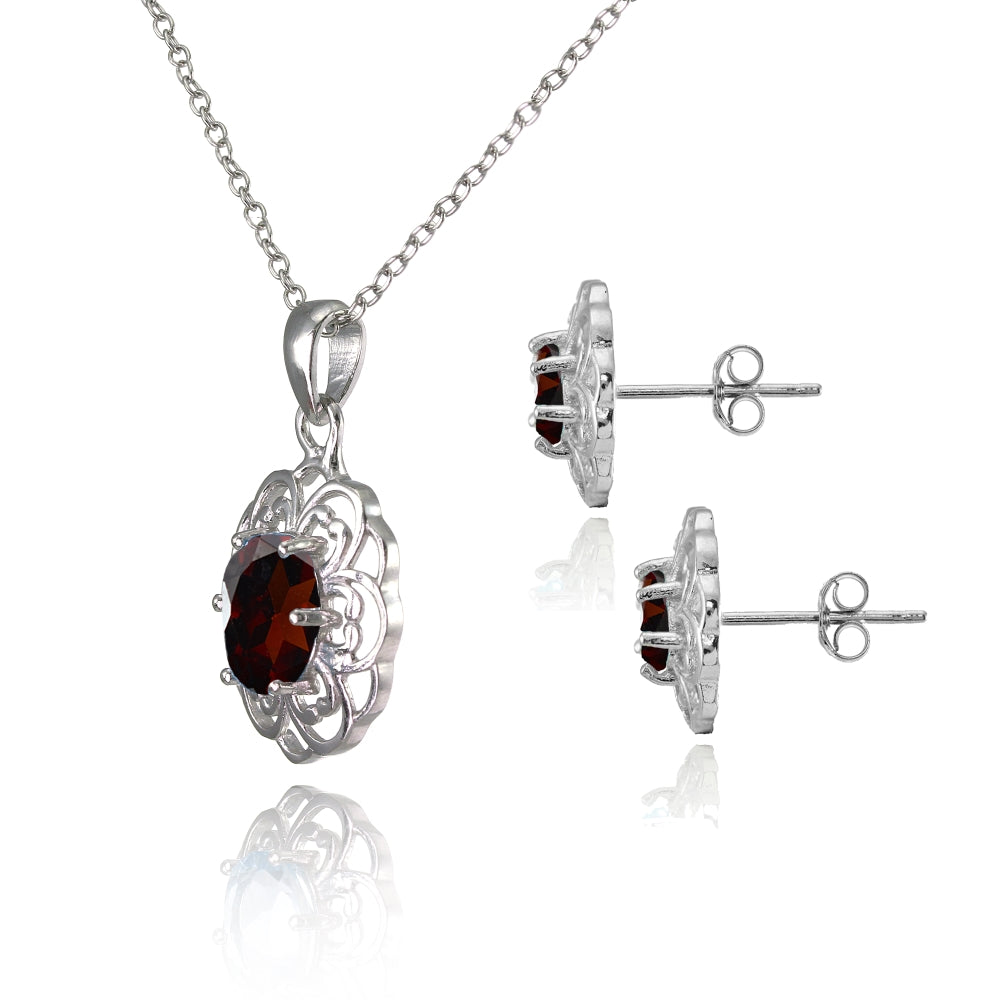Sterling Silver Garnet Oval Filigree Flower Pendant Necklace and Stud Earrings Set-2