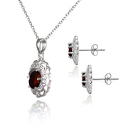 Sterling Silver Garnet Oval Filigree Flower Pendant Necklace and Stud Earrings Set