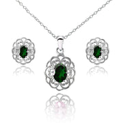 Sterling Silver Created Emerald Oval Filigree Flower Pendant Necklace and Stud Earrings Set