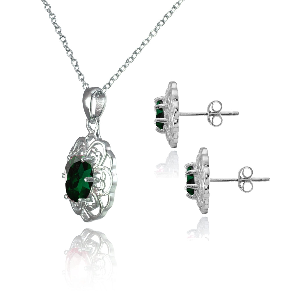 Sterling Silver Created Emerald Oval Filigree Flower Pendant Necklace and Stud Earrings Set-2