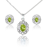 Sterling Silver Peridot Oval Filigree Flower Pendant Necklace and Stud Earrings Set