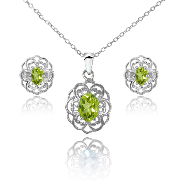 Sterling Silver Peridot Oval Filigree Flower Pendant Necklace and Stud Earrings Set