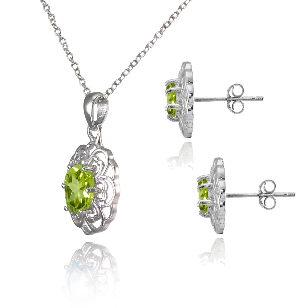 Sterling Silver Peridot Oval Filigree Flower Pendant Necklace and Stud Earrings Set-2