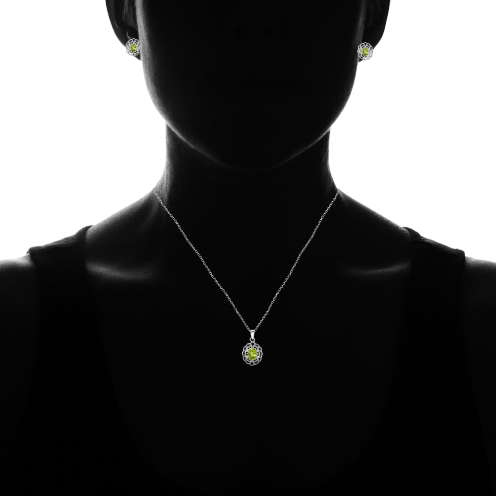 Sterling Silver Peridot Oval Filigree Flower Pendant Necklace and Stud Earrings Set-3