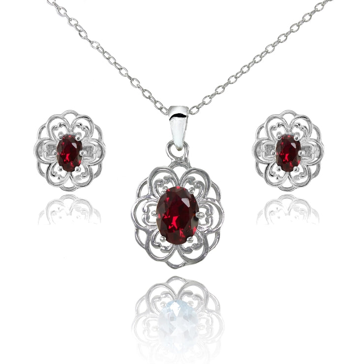 Sterling Silver Created Ruby Oval Filigree Flower Pendant Necklace and Stud Earrings Set