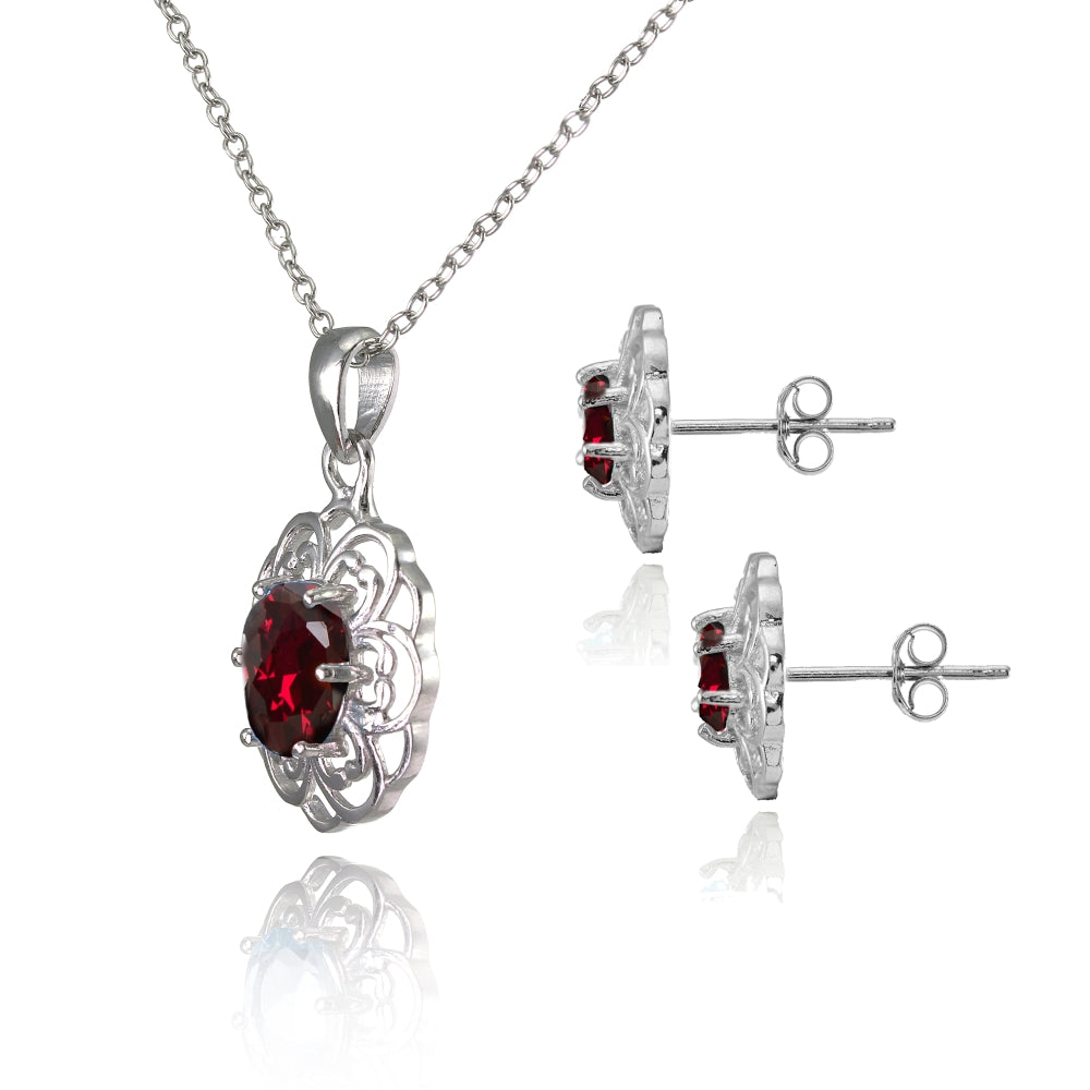 Sterling Silver Created Ruby Oval Filigree Flower Pendant Necklace and Stud Earrings Set-2