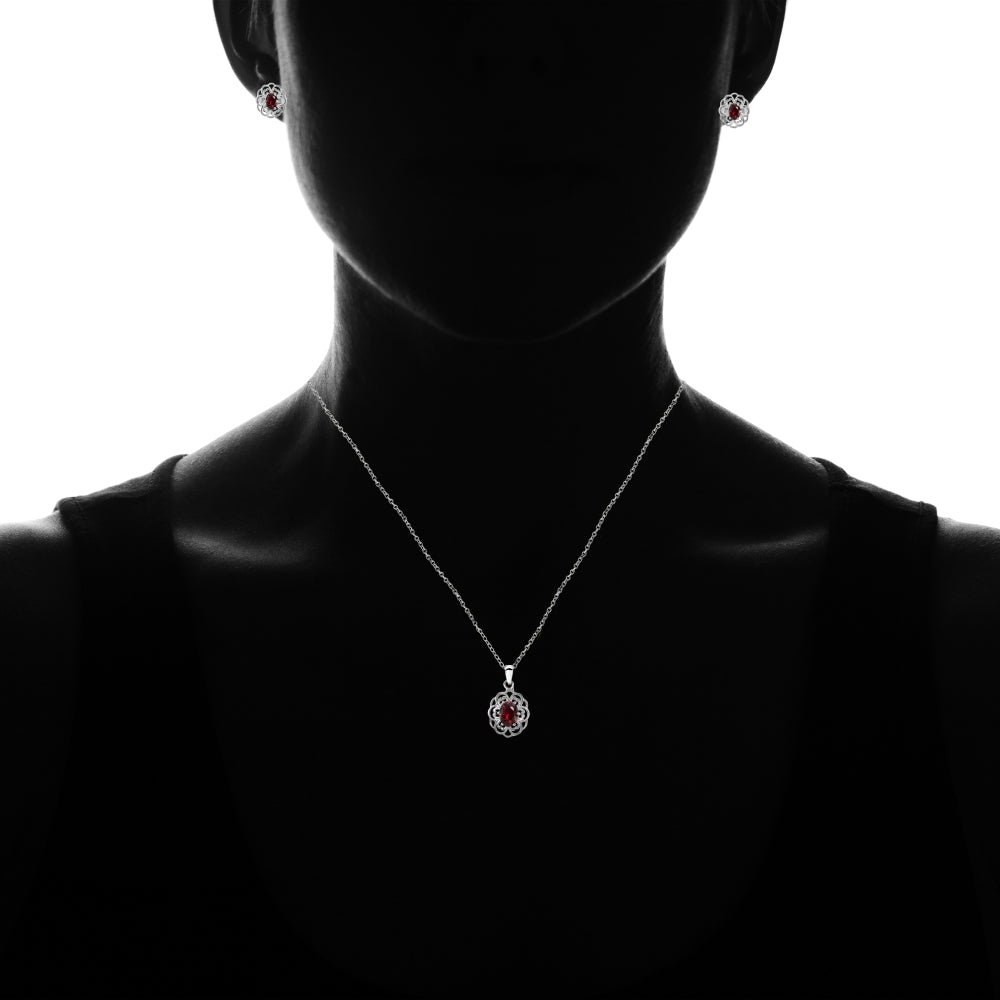 Sterling Silver Created Ruby Oval Filigree Flower Pendant Necklace and Stud Earrings Set-3
