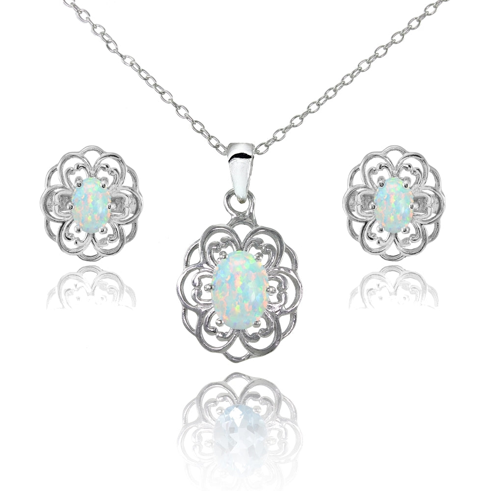 Sterling Silver Created Opal Oval Filigree Flower Pendant Necklace and Stud Earrings Set
