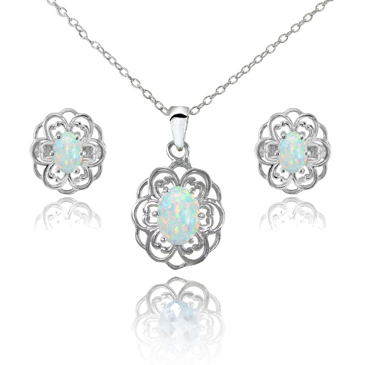 Sterling Silver Created Opal Oval Filigree Flower Pendant Necklace and Stud Earrings Set